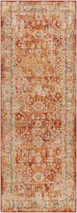Close-up of the Wetaskiwin Area Rug - Clearance. Oriental design in brick red, burnt orange, cream, and blue hues. Design-Runner-2773