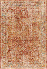 Detailed view of the Wetaskiwin Area Rug, showcasing its traditional, oriental design with brick red, cream, and blue tones. Design-Rectangle-575
