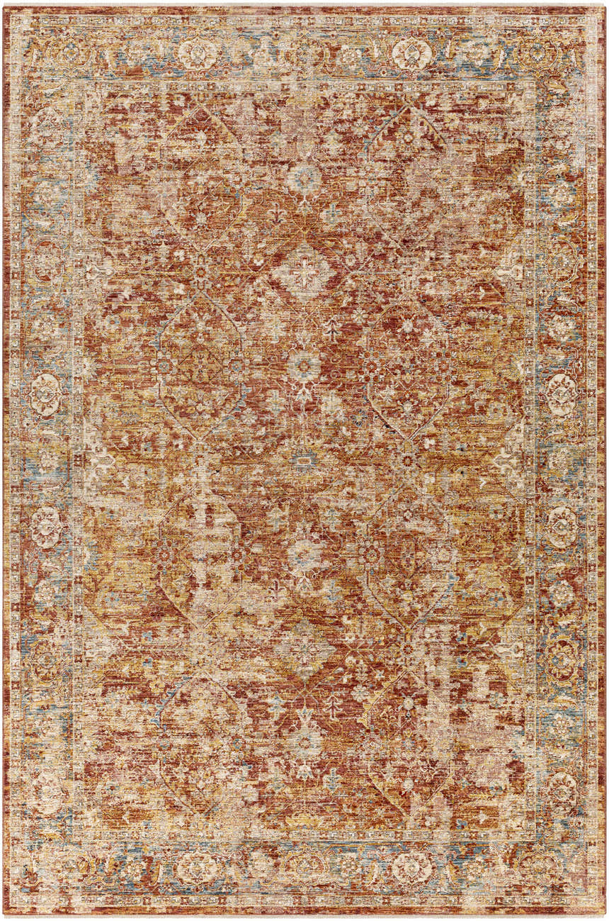 Close-up of the Wetaskiwin Area Rug. Traditional style with brick red, burnt orange, and light blue floral pattern. Design-Rectangle-6796