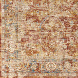 Close-up of the Wetaskiwin Area Rug. Features a distressed, traditional pattern in brick red, cream, and blue tones. Swatch