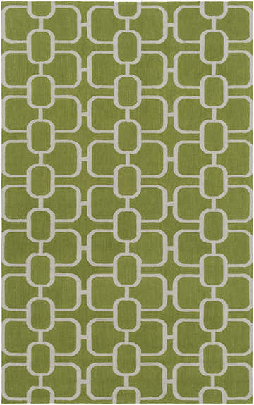 Close-up of the Wever Area Rug. Light gray geometric pattern on a textured lime green wool rug. Design-Rectangle-576