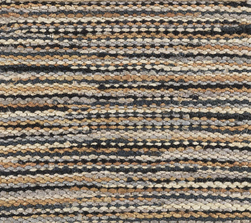 Close-up of Weymouth Jute Rug showing black, cream, tan, and teal woven texture and horizontal stripes. Swatch