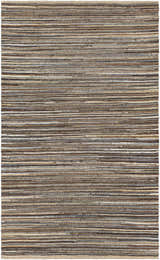 Close-up of the Weymouth Jute Rug. Hand-woven rug with horizontal stripes in black, cream, tan, and teal. Farmhouse style texture. Design-Rectangle-576