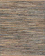 Close-up of Weymouth Jute Rug showing hand woven texture, and stripes in black, cream, tan, and teal. Design-Rectangle-810