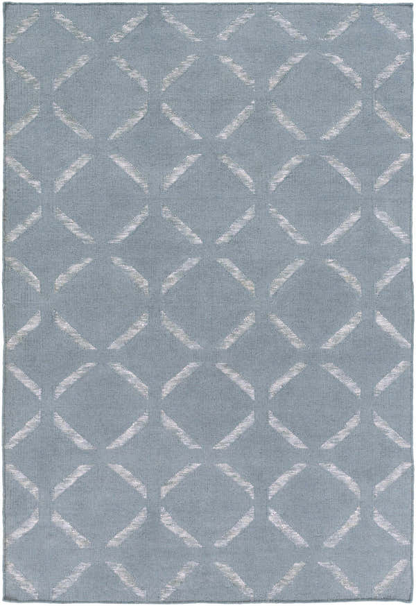 Close-up of the Weybridge Area Carpet. Light gray wool rug with a geometric diamond pattern in medium gray. Design-Rectangle-576
