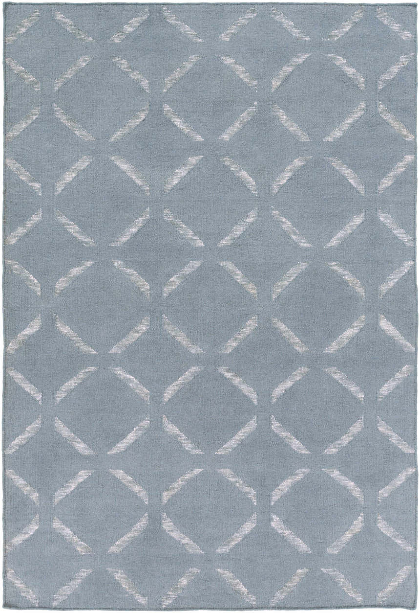 Close-up of the Weybridge Area Carpet. Light gray wool rug with a geometric diamond pattern in medium gray. Design-Rectangle-576