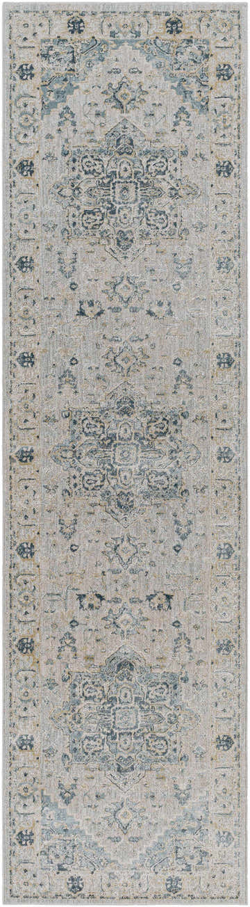 Close-up of the Whangamata Thick Luxe Boutique Rug. Traditional design in dusty sage, light gray, and pale blue hues. Design-Runner-2710