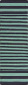 Close-up of the Whipple Area Carpet. Hand-woven 100% cotton rug with light green and teal horizontal stripes. Design-Runner-268
