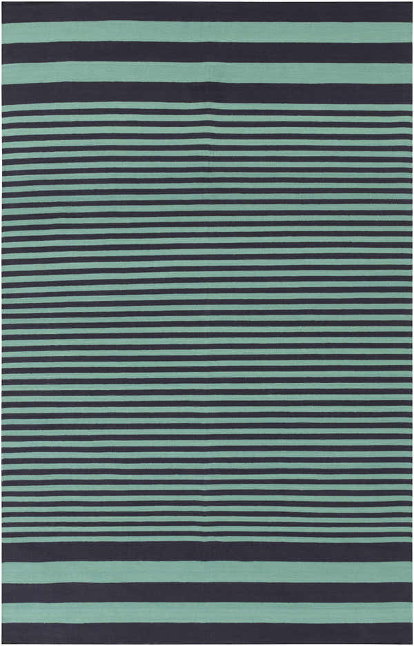 Close-up of the hand-woven Whipple Area Carpet. Light green and teal horizontal stripes pattern. 100% cotton texture. Design-Rectangle-58