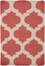 Close-up of the Whitelaw Area Rug. Hand-woven wool rug with a geometric pattern in beige and rose pink. Design-Rectangle-23
