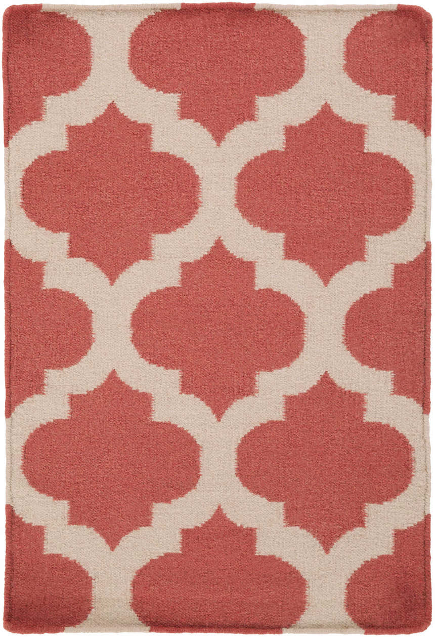 Close-up of the Whitelaw Area Rug. Hand-woven wool rug with a geometric pattern in beige and rose pink. Design-Rectangle-23