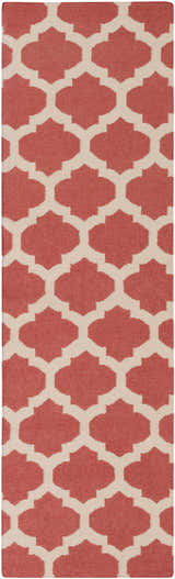 Close-up of the Whitelaw Area Rug. Hand-woven wool rug with a geometric pattern in rose pink and beige. Design-Runner-268