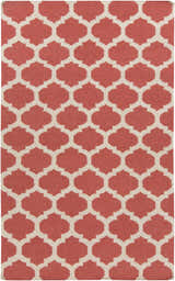 Close-up of the Whitelaw Area Rug. Beige and rose pink wool rug with a geometric quatrefoil pattern. Hand woven. Design-Rectangle-58