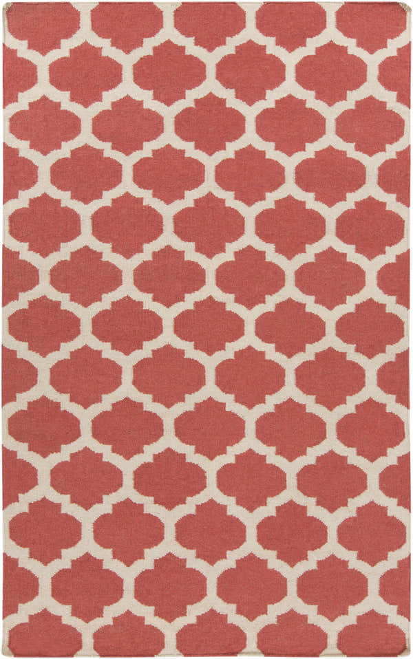 Close-up of the Whitelaw Area Rug. Beige and rose pink wool rug with a geometric quatrefoil pattern. Hand woven. Design-Rectangle-58