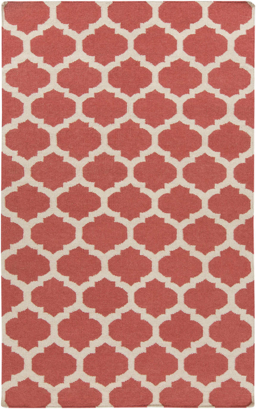 Close-up of the Whitelaw Area Rug. Beige and rose pink wool rug with a geometric quatrefoil pattern. Hand woven. Design-Rectangle-58