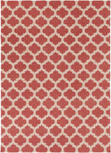 Close-up of the Whitelaw Area Rug, a hand-woven wool rug with a beige and rose pink geometric pattern. Design-Rectangle-811