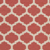 Close-up of the Whitelaw Area Rug. Hand-woven wool rug with a geometric beige and rose pink trellis pattern. Swatch