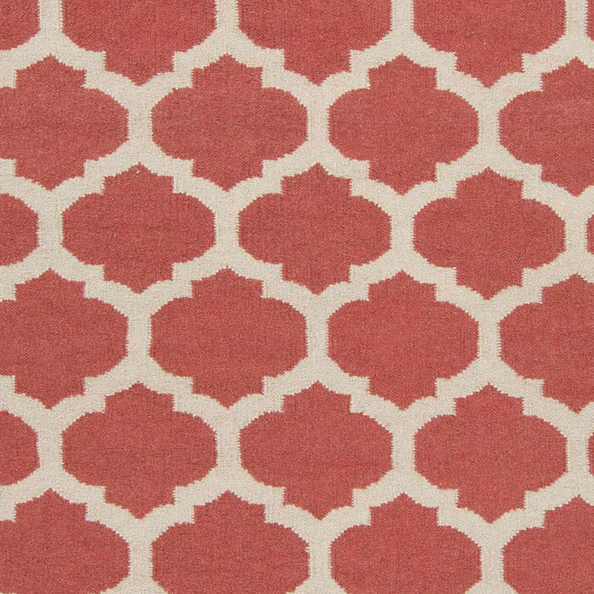 Close-up of the Whitelaw Area Rug. Hand-woven wool rug with a geometric beige and rose pink trellis pattern. Swatch