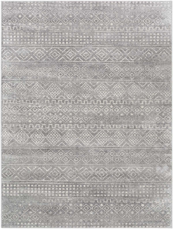 Close-up of the Whitesboro Gray Area Rug featuring a bohemian-inspired geometric pattern in charcoal, gray, and white tones. Design-Rectangle-537