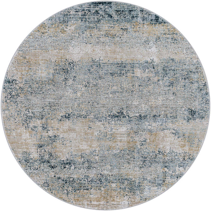 Close-up of a round Whyalla Misty Thick Luxe Rug; dusty sage, light gray, navy, and taupe abstract design. Design-Round-53