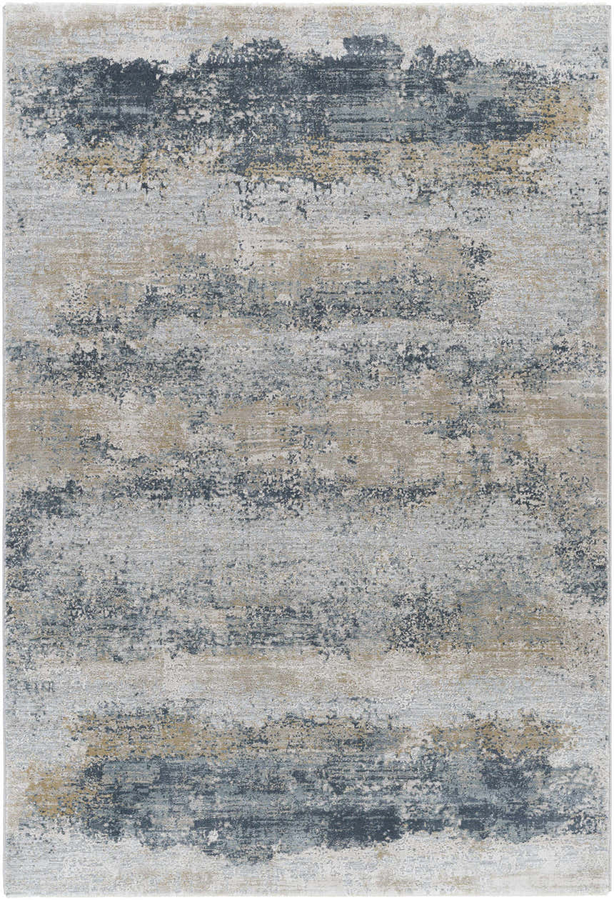 Close-up of the Whyalla Misty Thick Luxe Rug. Contemporary design in dusty sage, light gray, navy, and taupe hues. Soft texture. Design-Rectangle-575