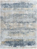Close-up of the Whyalla Misty Thick Luxe Rug, with a contemporary abstract design in light gray, navy, taupe, and white. Design-Rectangle-710103