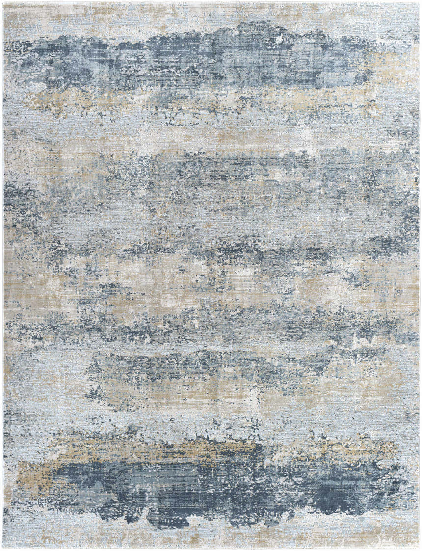 Close-up of the Whyalla Misty Thick Luxe Rug, with a contemporary abstract design in light gray, navy, taupe, and white. Design-Rectangle-710103