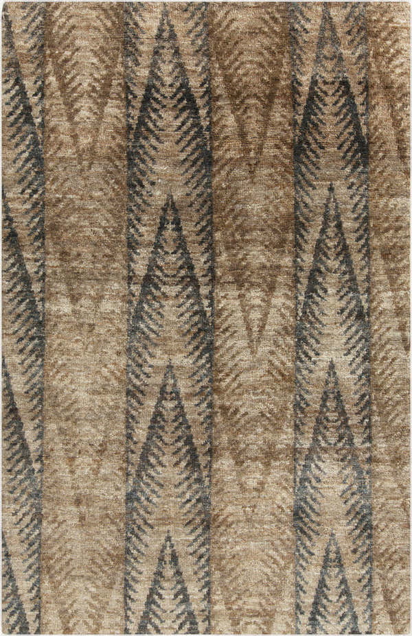 Close-up of the hand-knotted Wilburton Jute Carpet. Contemporary style with a brown and gray geometric pattern. Design-Rectangle-58