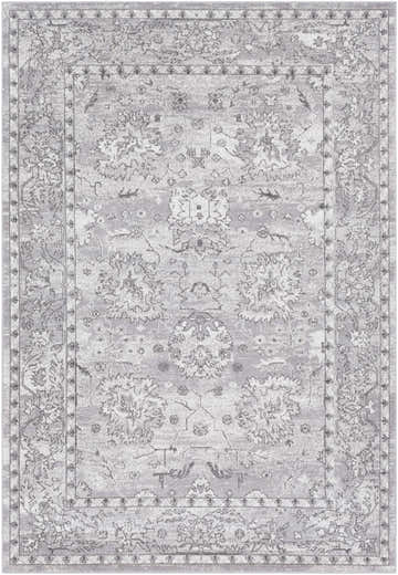 Close-up of the Winstonville Clearance Rug. Features a traditional floral pattern in shades of gray. Design-Rectangle-5376
