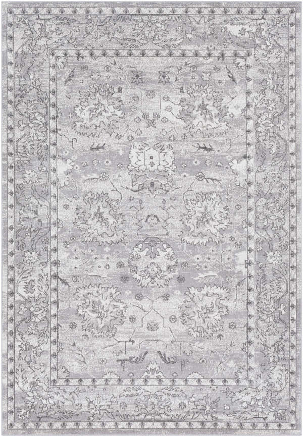 Close-up of the Winstonville Clearance Rug. Features a traditional floral pattern in shades of gray. Design-Rectangle-5376