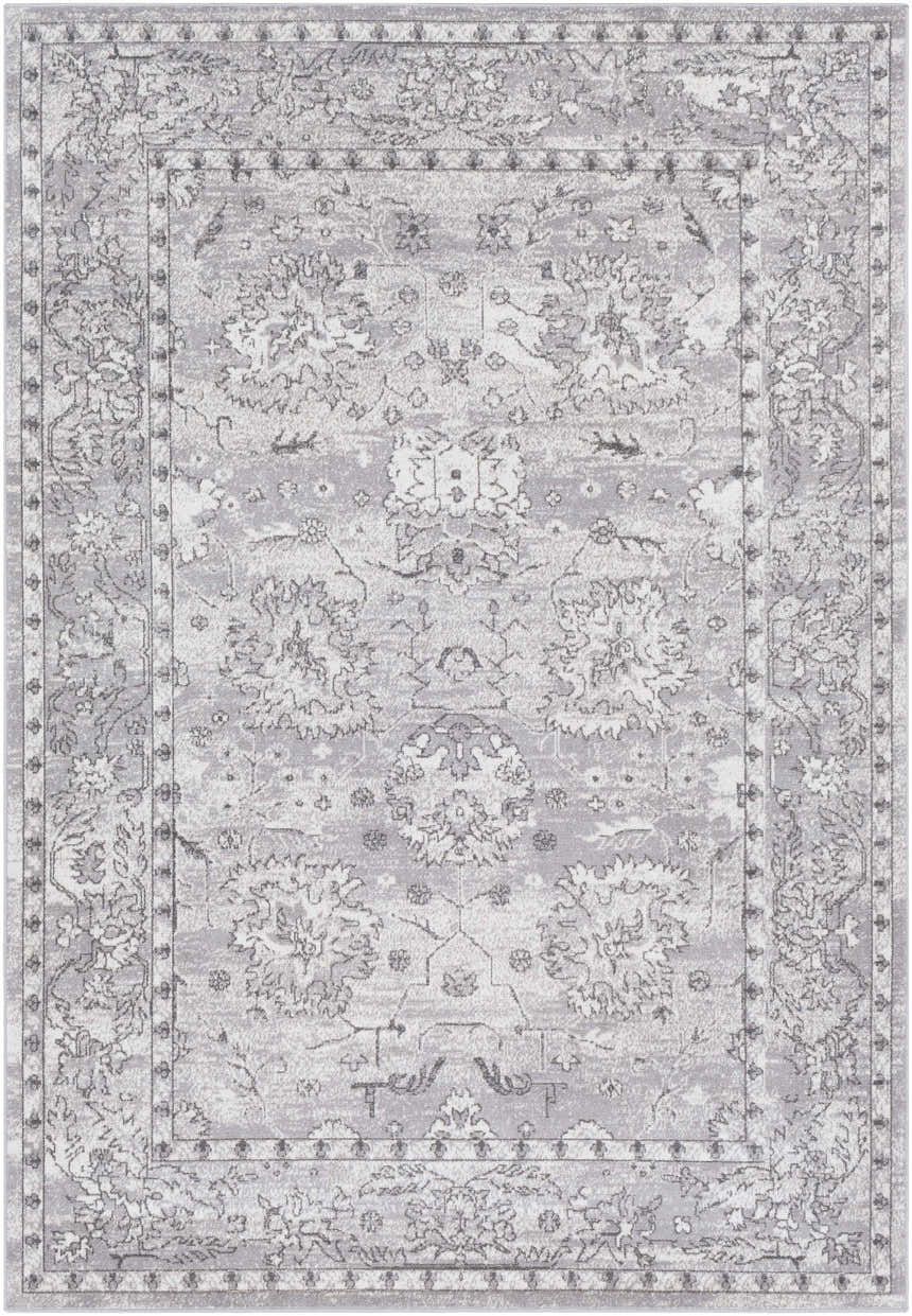 Close-up of the Winstonville Clearance Rug. Features a traditional floral pattern in shades of gray. Design-Rectangle-5376