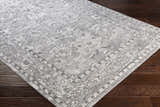 Close up of the Winstonville Clearance Rug, a traditional gray and white rug on dark wood floors. Corner