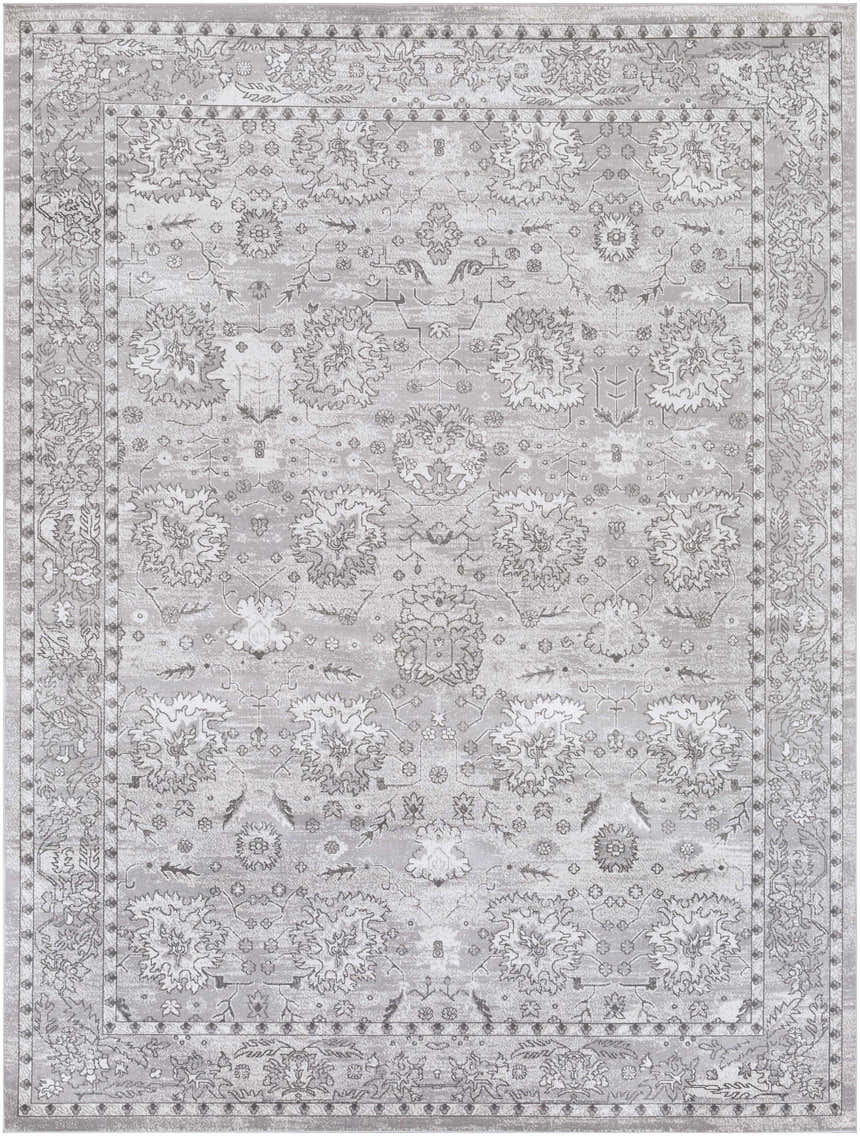 Close-up of the Winstonville Clearance Rug, showcasing its gray floral pattern and traditional border design. Design-Rectangle-710103
