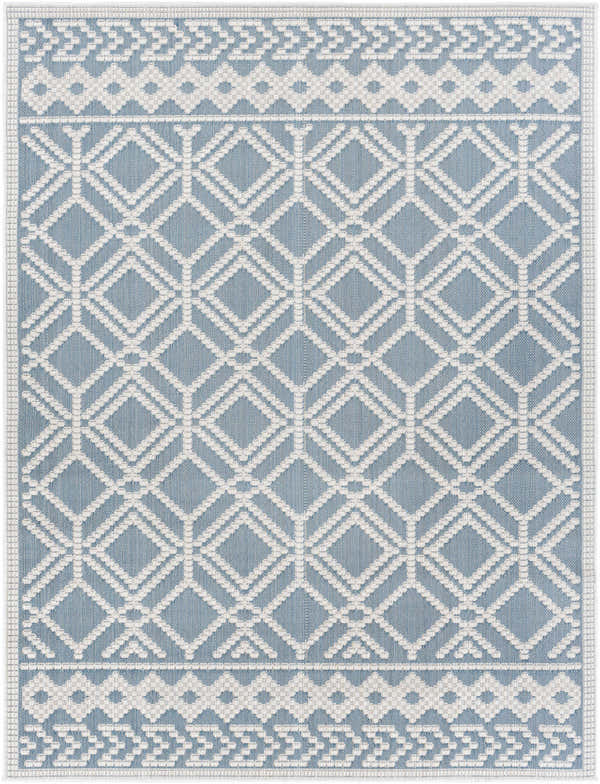 Close up of the Wingina 8x10 Ice Blue Trellis Rug, featuring a geometric diamond pattern in blue and cream. Design-Rectangle-537