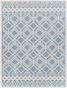 Close up of the Wingina 8x10 Ice Blue Trellis Rug, featuring a geometric diamond pattern in blue and cream. Design-Rectangle-537