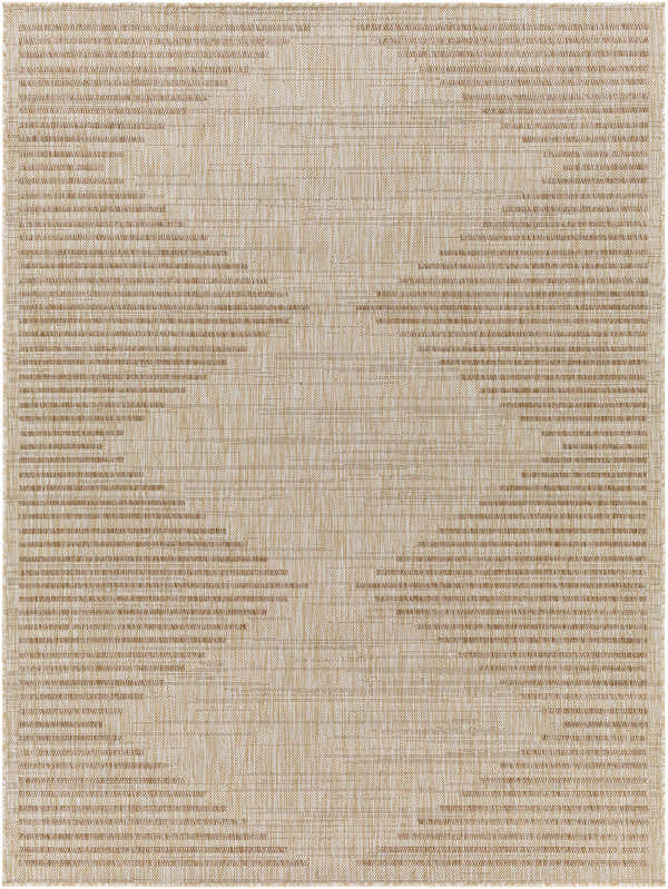Close-up of Winmalee Area Rug showing geometric pattern in cream, tan, and nutmeg hues. Machine woven texture. Design-Rectangle-537