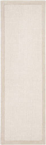 Close-up of the Winooski Area Rug. Cream rug with light gray border, hand-tufted wool texture. Design-Runner-268
