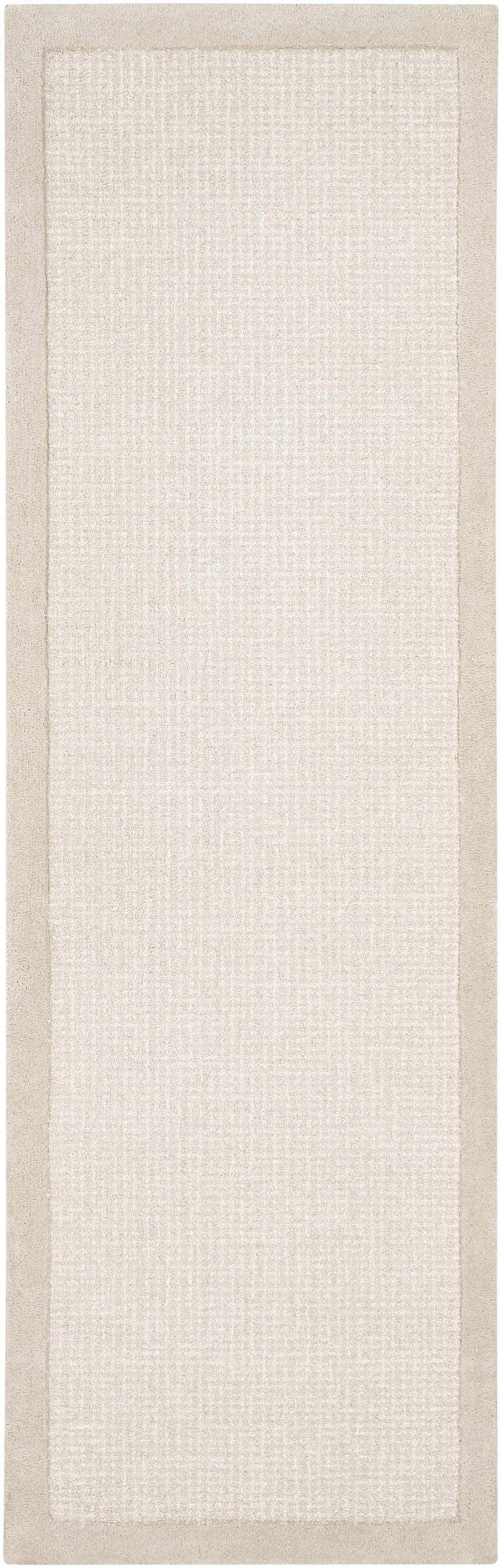Close-up of the Winooski Area Rug. Cream rug with light gray border, hand-tufted wool texture. Design-Runner-268