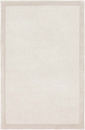 Close-up of the hand-tufted Winooski Area Rug. Cream and light gray wool rug with a subtle striped texture. Design-Rectangle-576