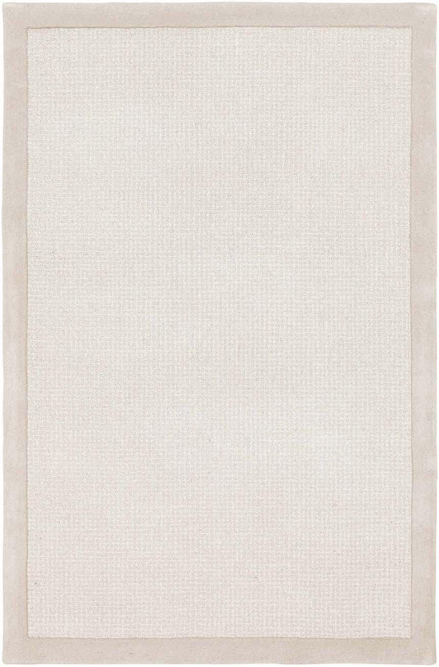 Close-up of the hand-tufted Winooski Area Rug. Cream and light gray wool rug with a subtle striped texture. Design-Rectangle-576