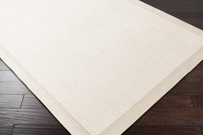 Close-up of the hand-tufted Winooski Area Rug. Cream wool rug with light gray border on dark wood floors. Corner