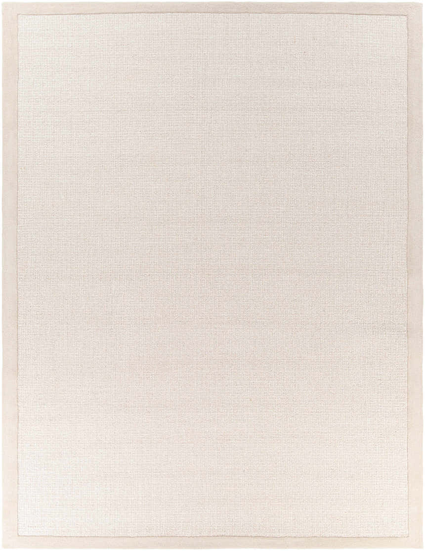 Close-up of the hand-tufted Winooski Area Rug. Cream and light gray wool rug with a subtle striped pattern. Design-Rectangle-810