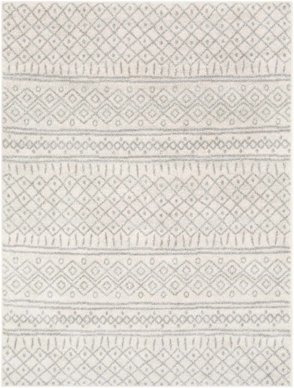 Close-up of the Winston Area Rug. Cream rug with a geometric diamond and line pattern in medium gray and slate. Design-Rectangle-5373