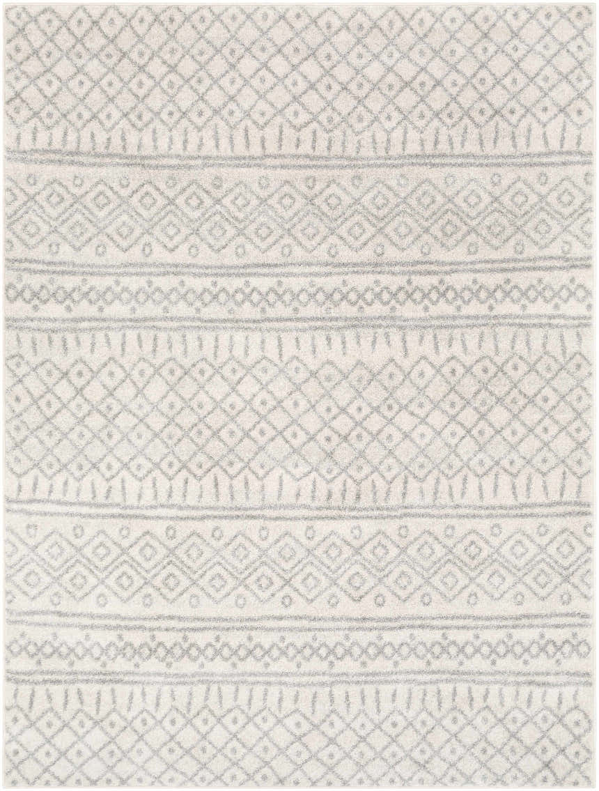 Close-up of the Winston Area Rug. Cream rug with a geometric diamond and line pattern in medium gray and slate. Design-Rectangle-5373