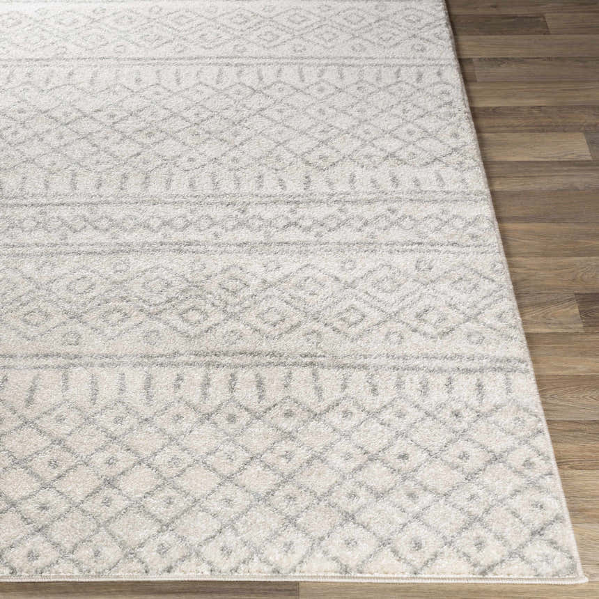 Close-up of the Winston Area Rug showing its cream and gray Bohemian-inspired geometric pattern and soft texture. Front