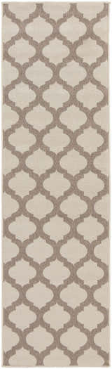 Close-up of the Winterville Area Rug showing a beige and dark red geometric lattice pattern. Design-Runner-2379