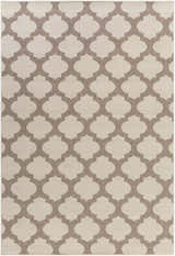 Close-up of the Winterville Area Rug. Beige rug with a dark red quatrefoil pattern. Farmhouse style. Design-Rectangle-76109