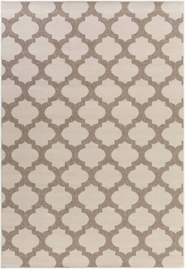 Close-up of the Winterville Area Rug. Beige rug with a dark red quatrefoil pattern. Farmhouse style. Design-Rectangle-76109