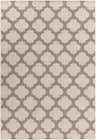 Close-up of the Winterville Area Rug. Beige rug with a dark red quatrefoil pattern. Farmhouse style. Design-Rectangle-76109