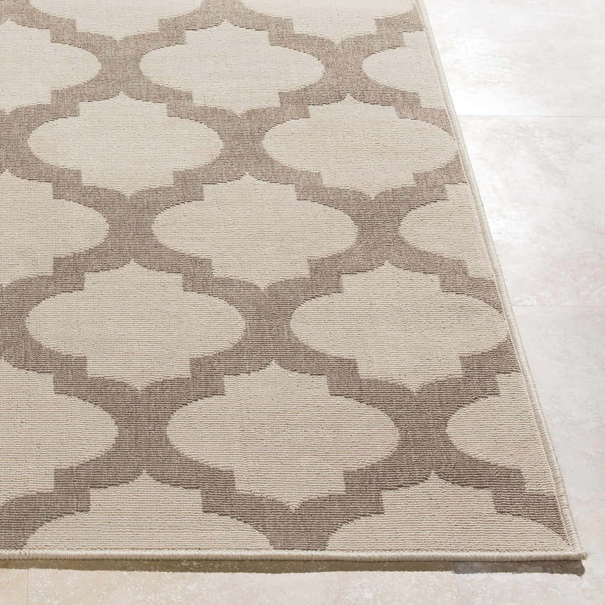 Close-up of the Winterville Area Rug. Beige rug with a dark red quatrefoil pattern. Machine woven texture. Front